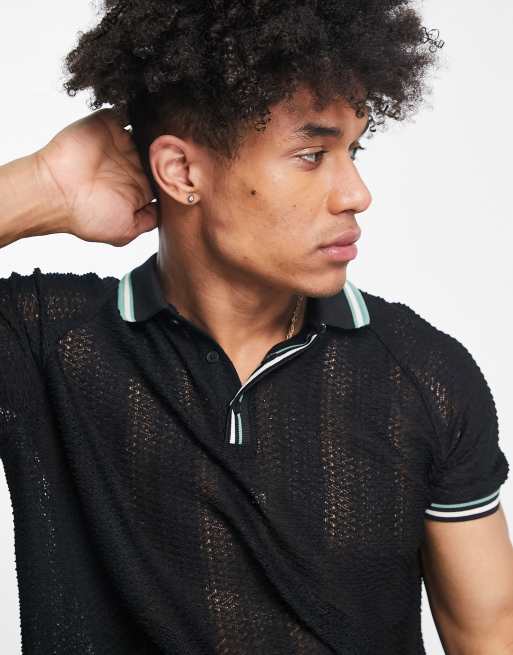 ASOS DESIGN – Czarny luźny T-shirt polo z lamówką przy kołnierzu i koronką na plecach 