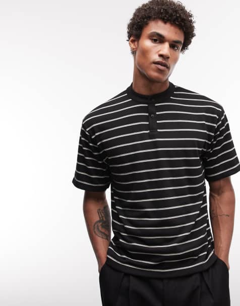 ASOS DESIGN – Czarny luźny T-shirt z dekoltem typu henley z fakturowanego materiału w paski - view 1