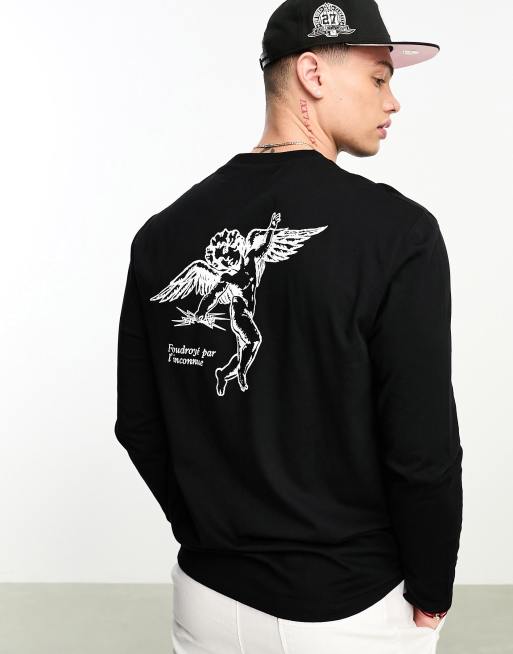 ASOS DESIGN – Czarny luźny T-shirt z długimi rękawami i nadrukiem cherubina na plecach