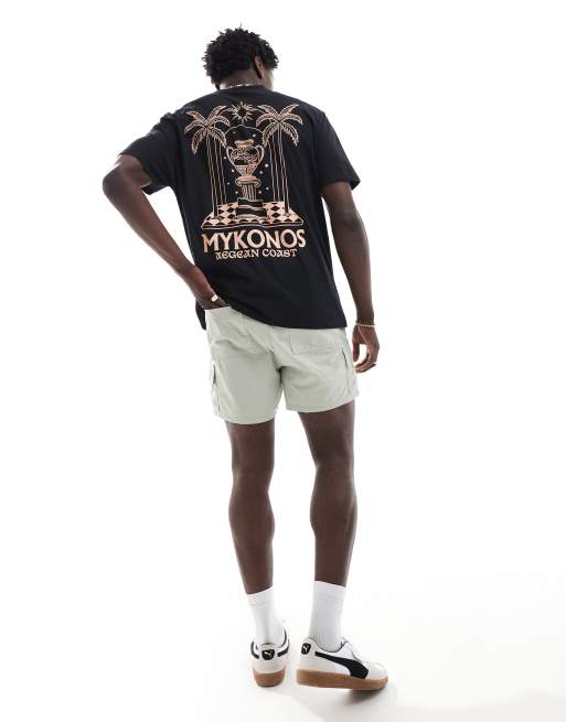 ASOS DESIGN – Czarny luźny T-shirt z nadrukiem Mykonos na plecach
