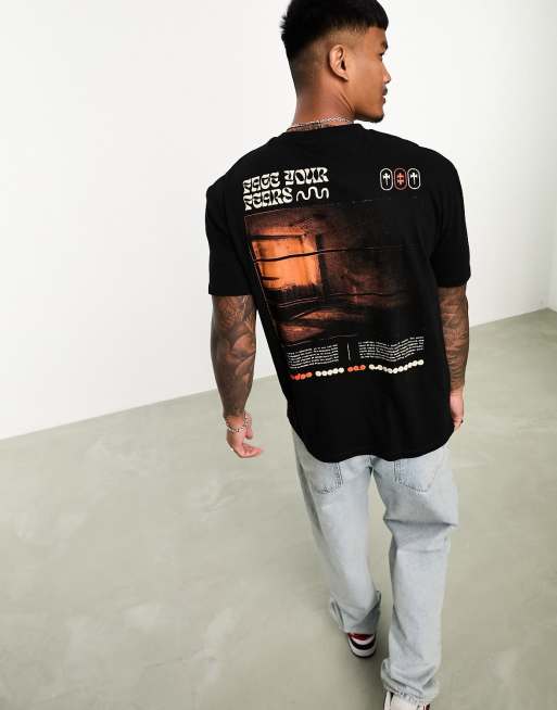 ASOS DESIGN – Czarny luźny T-shirt z nadrukiem na plecach