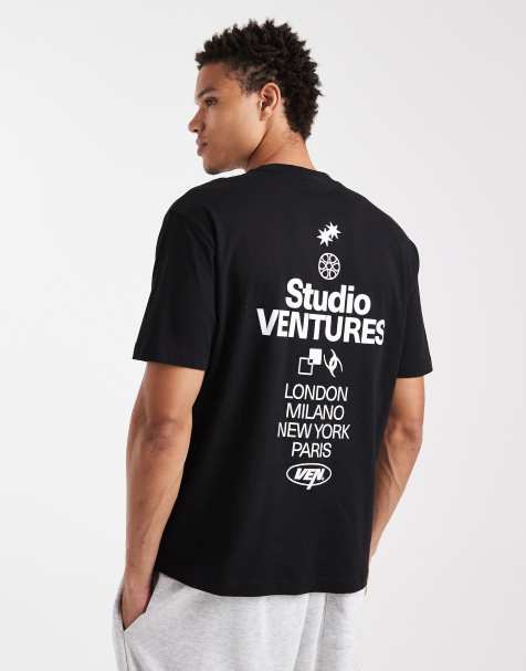 ASOS DESIGN – Czarny luźny T-shirt z nadrukiem tekstowym z motywem miast - view 1