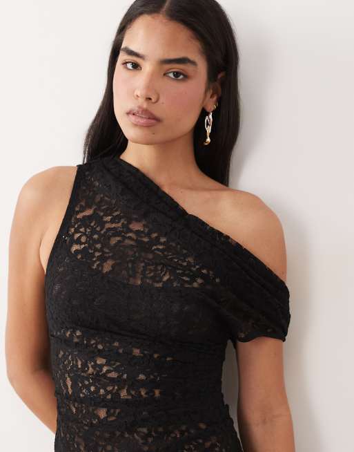 ASOS DESIGN – Czarny marszczony asymetryczny top z prześwitującej koronki, 3 z 4