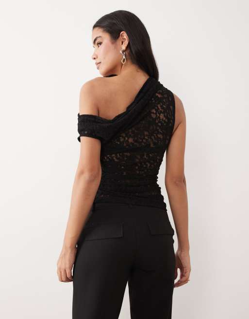 ASOS DESIGN – Czarny marszczony asymetryczny top z prześwitującej koronki, 4 z 4