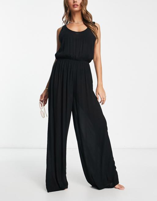 ASOS DESIGN – Czarny marszczony kombinezon plażowy z szerokimi nogawkami, 2 z 4