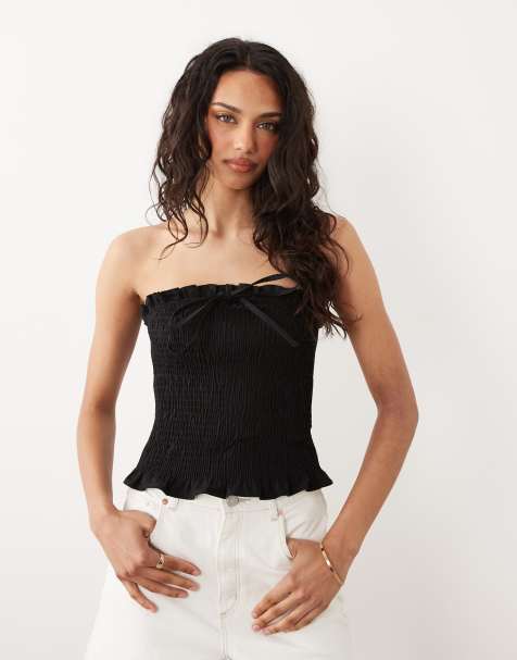 ASOS DESIGN – Czarny, marszczony top bandeau z wiązaniem z przodu - view 1