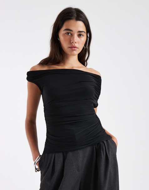 ASOS DESIGN – Czarny marszczony top z dekoltem bardot i odsłoniętymi ramionami - view 1