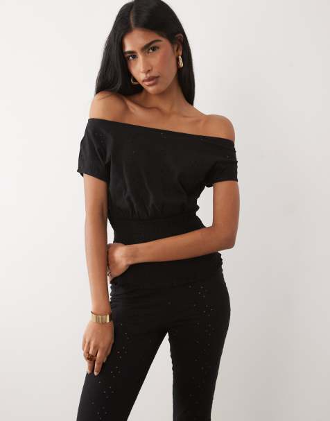 ASOS DESIGN – Czarny marszczony top z odsłoniętymi ramionami i haftem angielskim, część zestawu - view 1