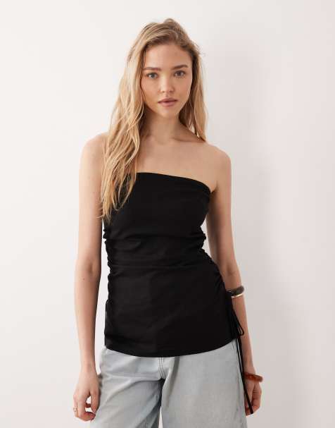 ASOS DESIGN – Czarny marszczony z boku lniany top bandeau - view 1