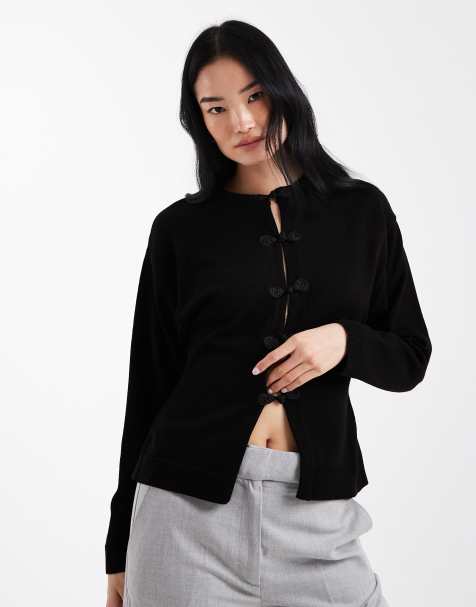 ASOS DESIGN – Czarny modelujący kardigan z dzianiny o delikatnym splocie z zapięciem na guziki w mandaryńskim stylu - view 1