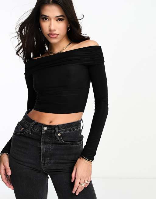 ASOS DESIGN – Czarny obcisły top z długimi rękawami i dekoltem bardot
