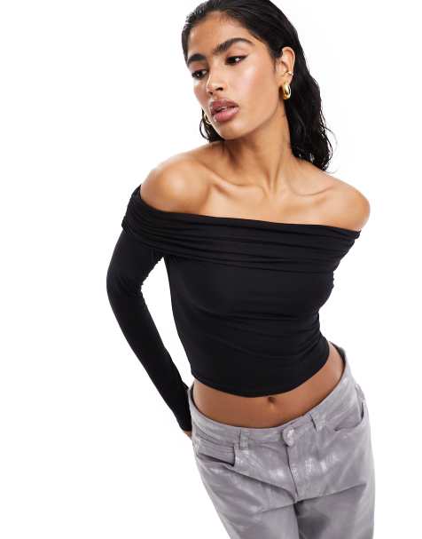 ASOS DESIGN – Czarny obcisły top z długimi rękawami i dekoltem bardot - view 1