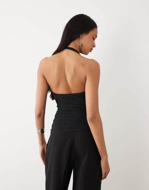 ASOS DESIGN – Czarny opinający top z dekoltem halter i szalikiem, 3 z 4