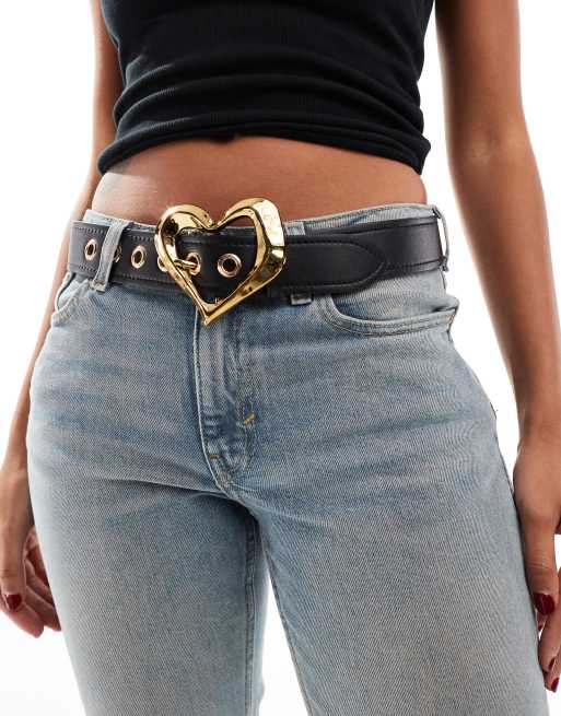 ASOS DESIGN – Czarny pasek do jeansów na biodra i talię z klamrą w kształcie serca