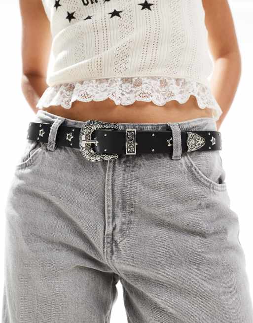 ASOS DESIGN – Czarny pasek do jeansów na talię i biodra z przelotkami w kształcie gwiazdek