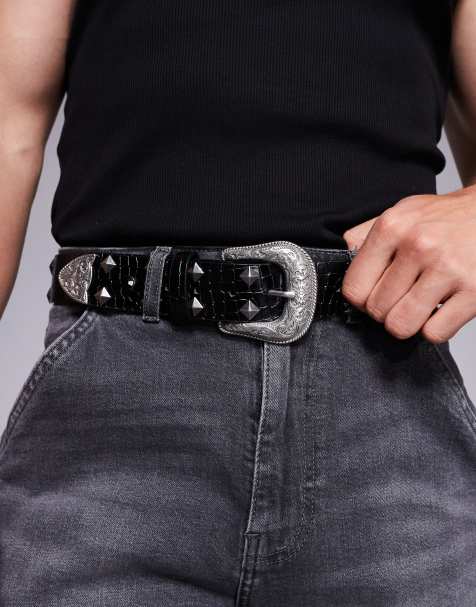 ASOS DESIGN – Czarny pasek z imitacji skóry krokodyla z kryształowymi ćwiekami w stylu kowbojskim - view 1