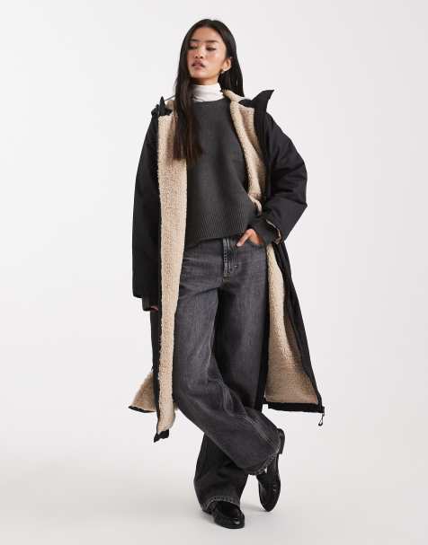 ASOS DESIGN longline fleece lined rain coat in black