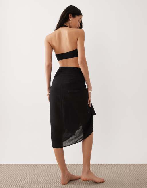 ASOS DESIGN – Czarny plażowy sarong maxi z marszczonej bawełny, 2 z 4