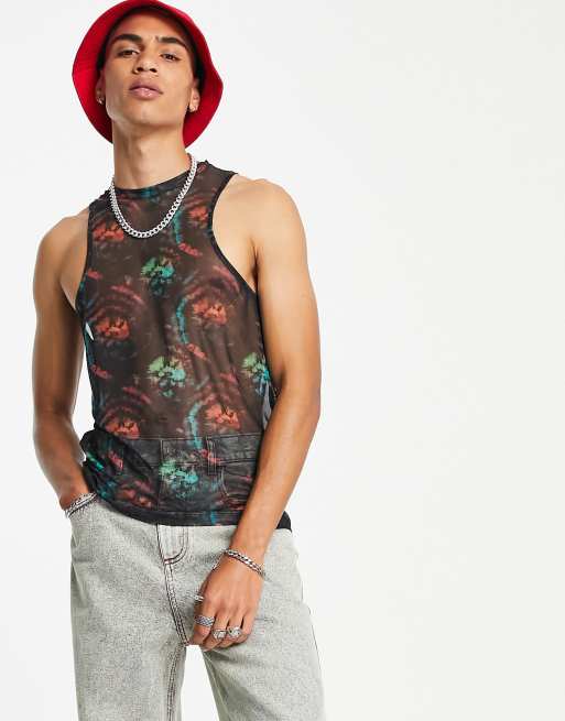 ASOS DESIGN – Czarny podkoszulek o kroju podkreślającym sylwetkę z siateczki z efektem tie-dye – BLACK