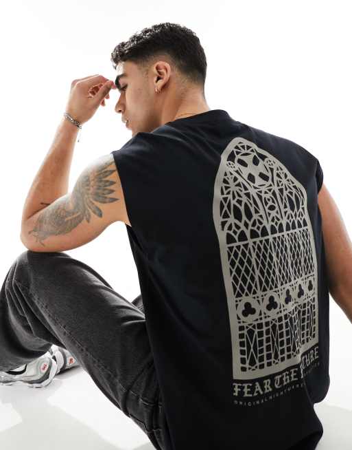 ASOS DESIGN – Czarny podkoszulek oversize z nadrukiem z motywem witraży na plecach