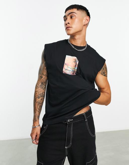 ASOS DESIGN – Czarny podkoszulek oversize z plażowym nadrukiem na dekolcie