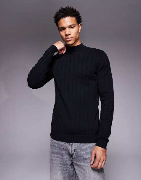ASOS DESIGN – Czarny podkreślający sylwetkę dzianinowy prążkowany T-shirt z długim rękawem i golfem - view 1