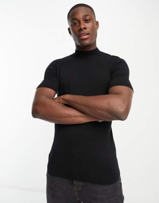 ASOS DESIGN – Czarny podkreślający sylwetkę T-shirt z golfem z lekkiej bawełnianej dzianiny