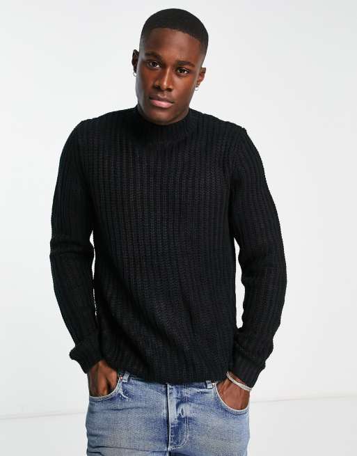 ASOS DESIGN – Czarny prążkowany gruby sweter typu fisherman z golfem