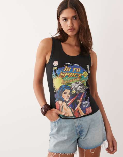 ASOS DESIGN – Czarny prążkowany podkoszulek bez rękawów z grafiką ze Star Girl - view 1