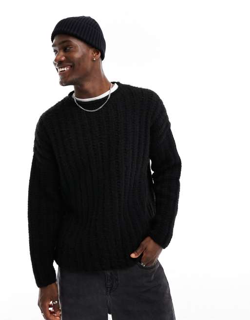 ASOS DESIGN – Czarny prążkowany sweter oversize z puszystej ażurowej dzianiny