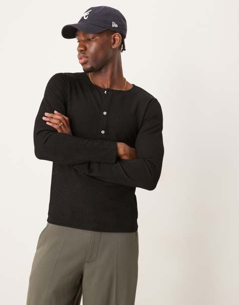 ASOS DESIGN muscle fit long sleeve boxy t-shirt with henley neck in black rib