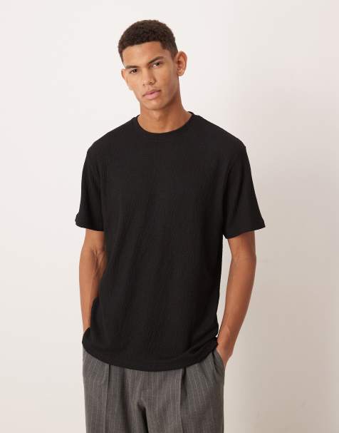 ASOS DESIGN – Czarny prążkowany T-shirt o regularnym kroju z grubego gniecionego materiału - view 1