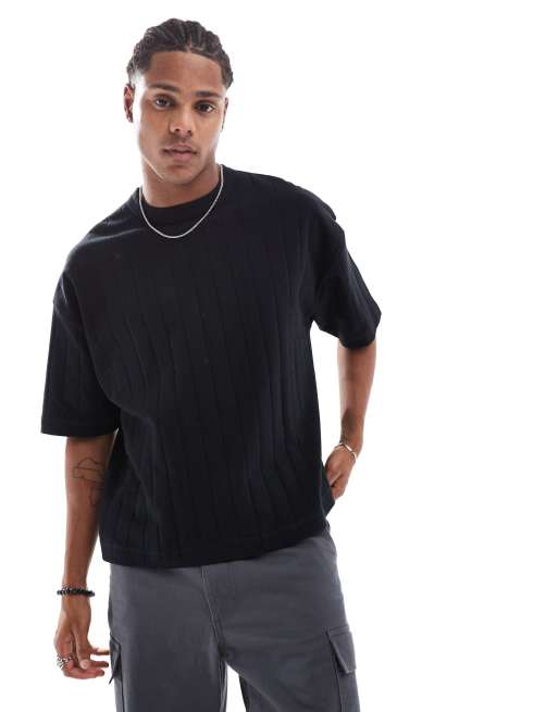 ASOS DESIGN – Czarny prążkowany T-shirt oversize o pudełkowym kroju z fakturowanego materiału