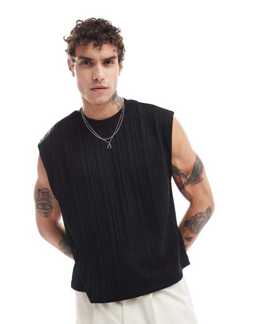 ASOS DESIGN – Czarny prążkowany top bez rękawów z grubego materiału o pudełkowym luźnym kroju