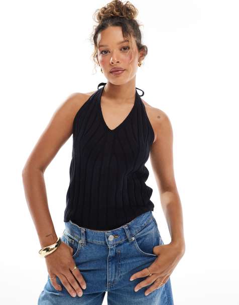 ASOS DESIGN knitted wide rib halter top in black