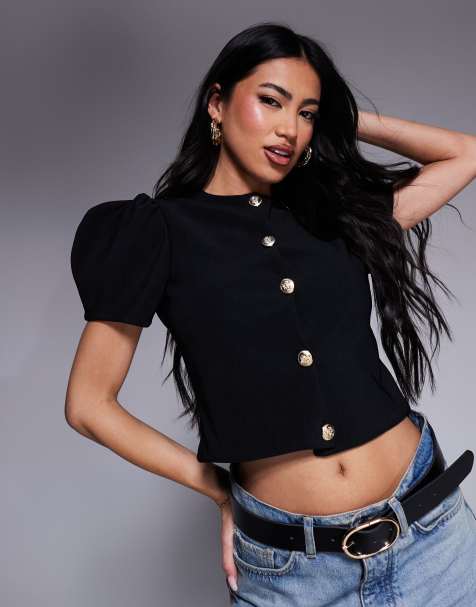 ASOS DESIGN ribbed puff sleeve structured button through top in black