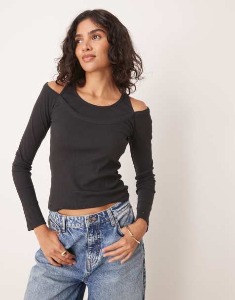 ASOS DESIGN long sleeve rib top with cut out detail in black