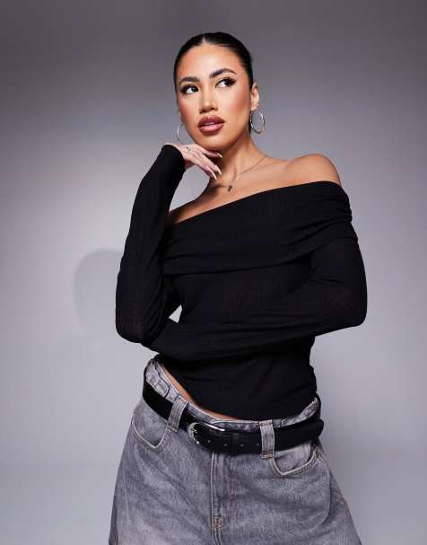 ASOS DESIGN dry handle rib extreme foldover bardot top in black