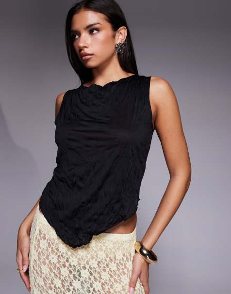 ASOS DESIGN asymmetric sheer crinkle tank top in black