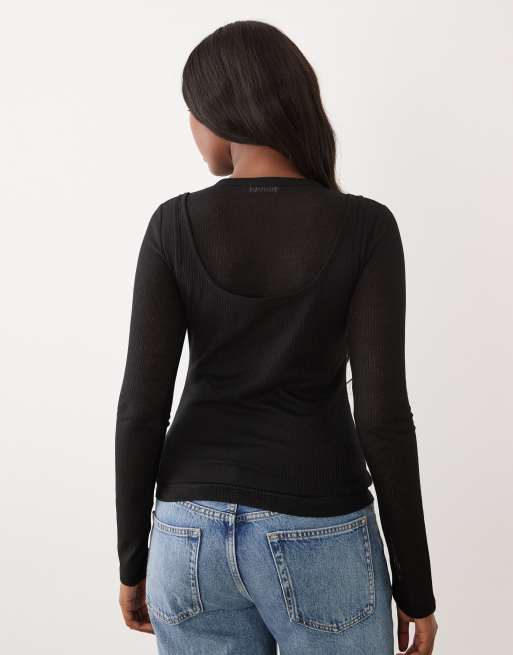 ASOS DESIGN – Czarny prześwitujący prążkowany dwuwarstwowy top z długimi rękawami, 4 z 4