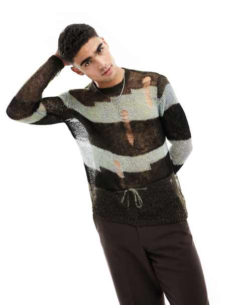 ASOS DESIGN – Czarny prześwitujący sweter w paski z drabinkowym splotem - view 1