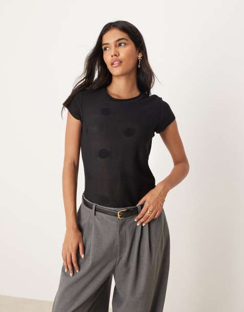 ASOS DESIGN sheer knit polka dot top with cap sleeve in black