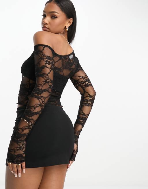 ASOS DESIGN – Czarny prześwitujący top o asymetrycznym kroju z koronki, 4 z 4