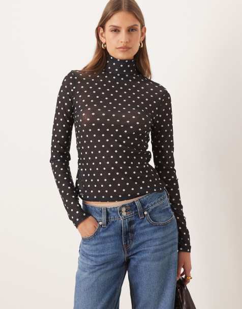 ASOS DESIGN micro polka dot sheer roll neck in black