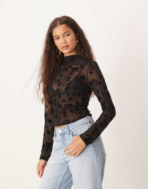 ASOS DESIGN flock floral sheer high neck gathered top with long sleeve in black