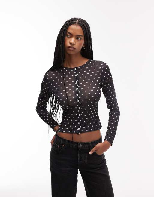 ASOS DESIGN – Czarny prześwitujący zapinany na guziki top o dopasowanym kroju we wzór w groszki