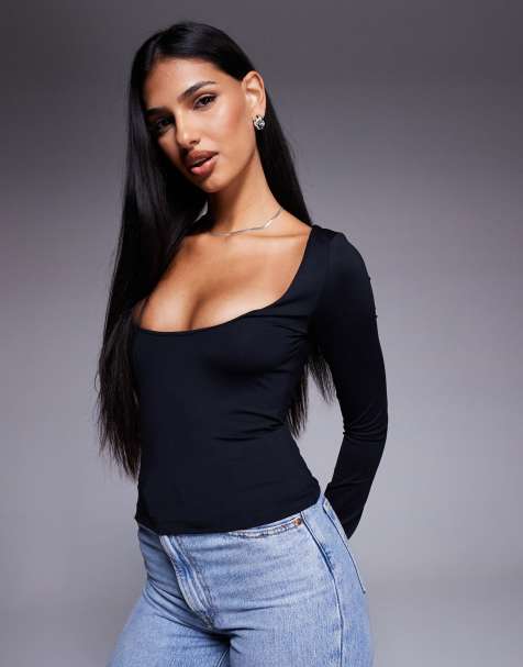 ASOS DESIGN – Czarny przylegający top poliamidowy z głębokim półokrągłym dekoltem - view 1