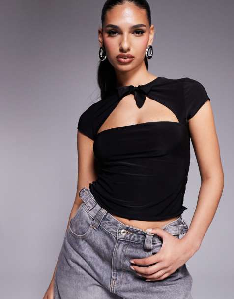 ASOS DESIGN – Czarny przylegający top z krótkimi rękawami i wiązaniem - view 1