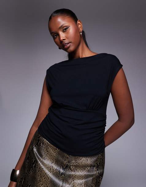 ASOS DESIGN slinky wide shoulder cinched waist top in black