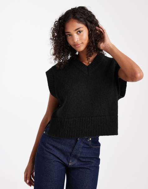 ASOS DESIGN boxy fluffy v neck tank in black